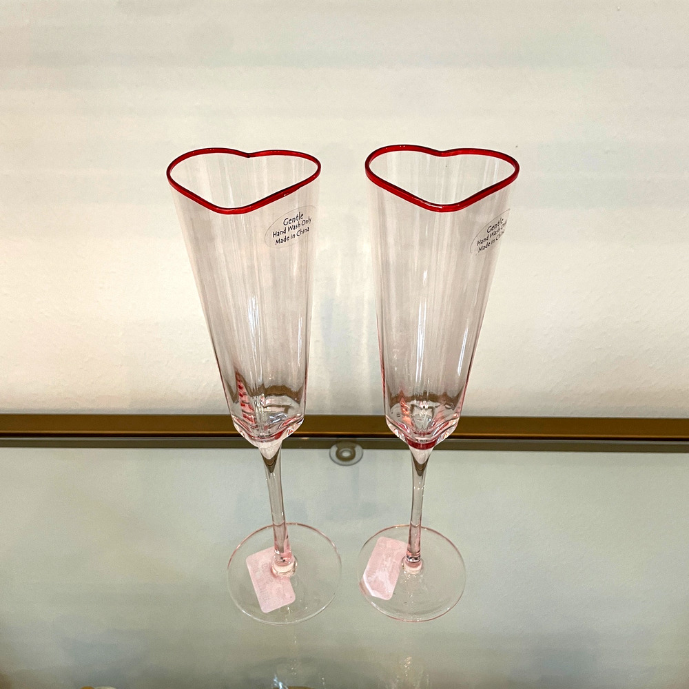 Pink Heart Shaped Champagne Flute Glass Set of 2 Red Rim Valentines Day NEW
